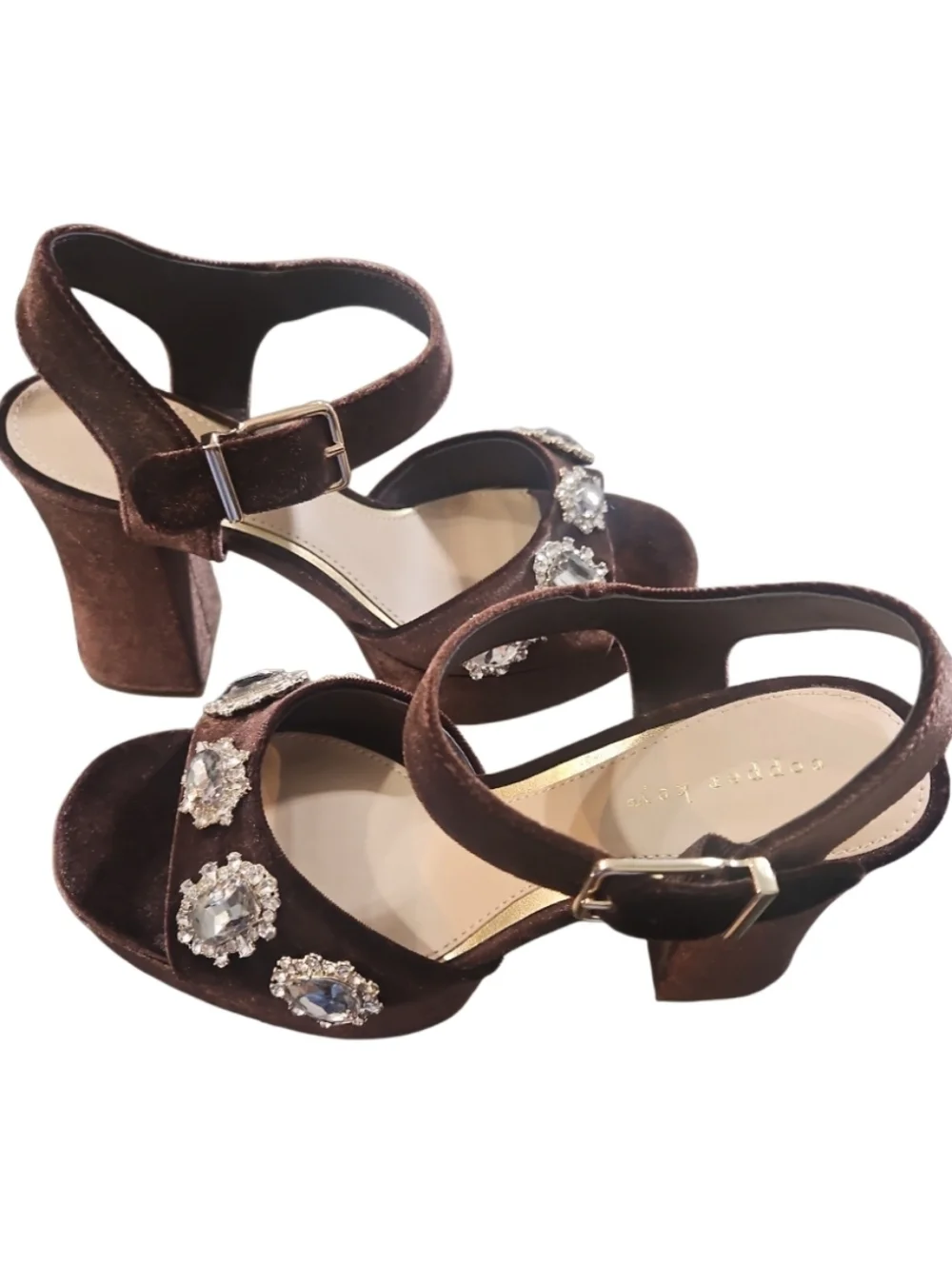 Copper Key Celleste Two Velvet Jewel Embellished Platform Sandals Brown 7.5